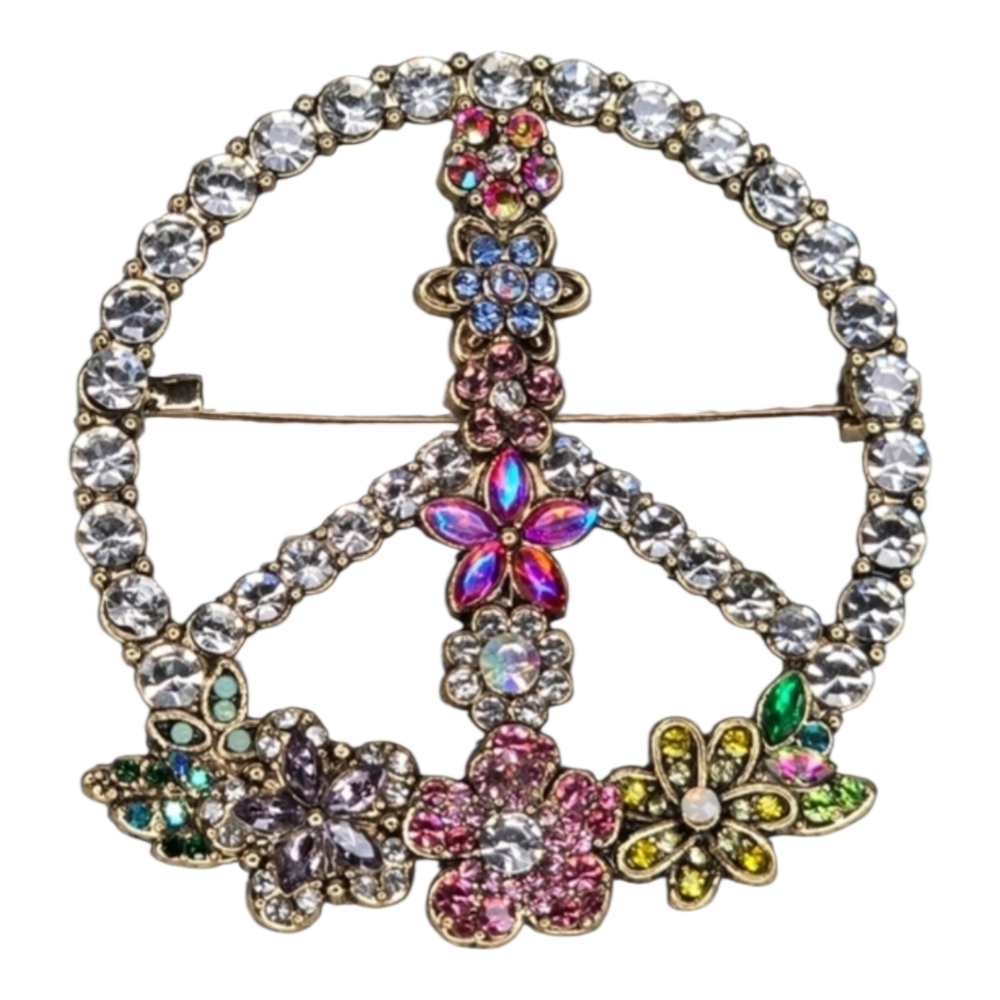 New Love Peace Brooch Gold Floral Crystal Rhinestone Pastel Pink Yellow Green